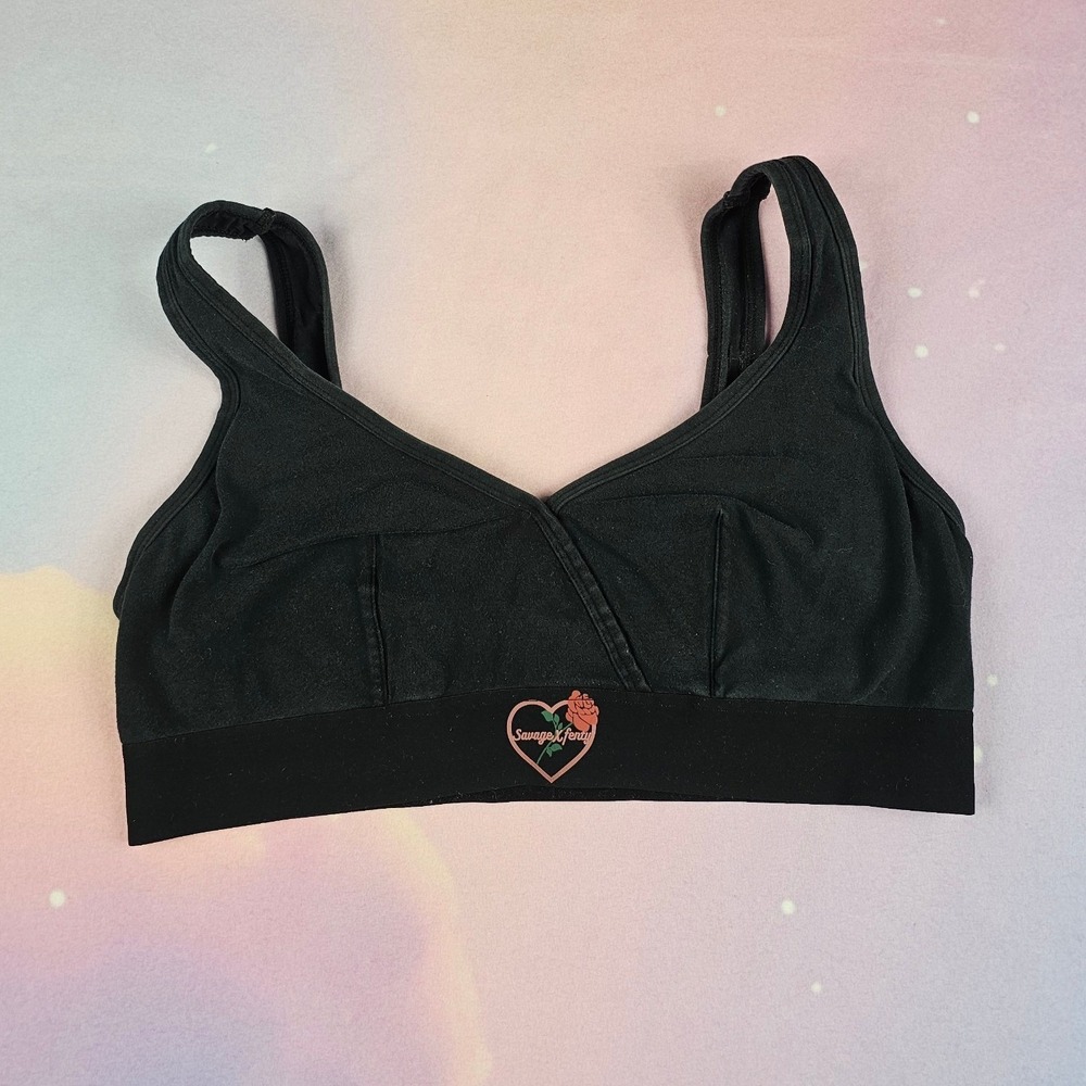 Savage X Fenty Bralette Womens 2X Black Excellent Heart Rose‎ Cotton Blend
